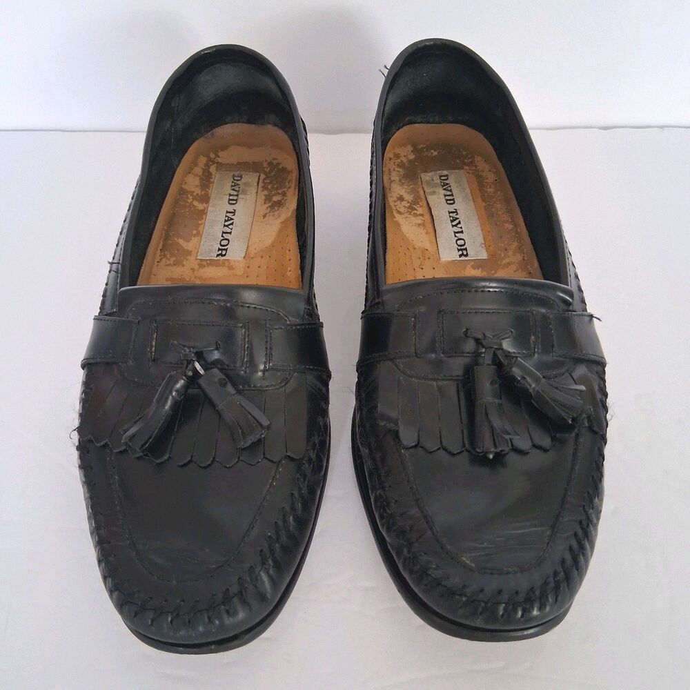 David Taylor Mens Black Leather Tassel Kiltie Loafers 10 M O'Hare Preppy